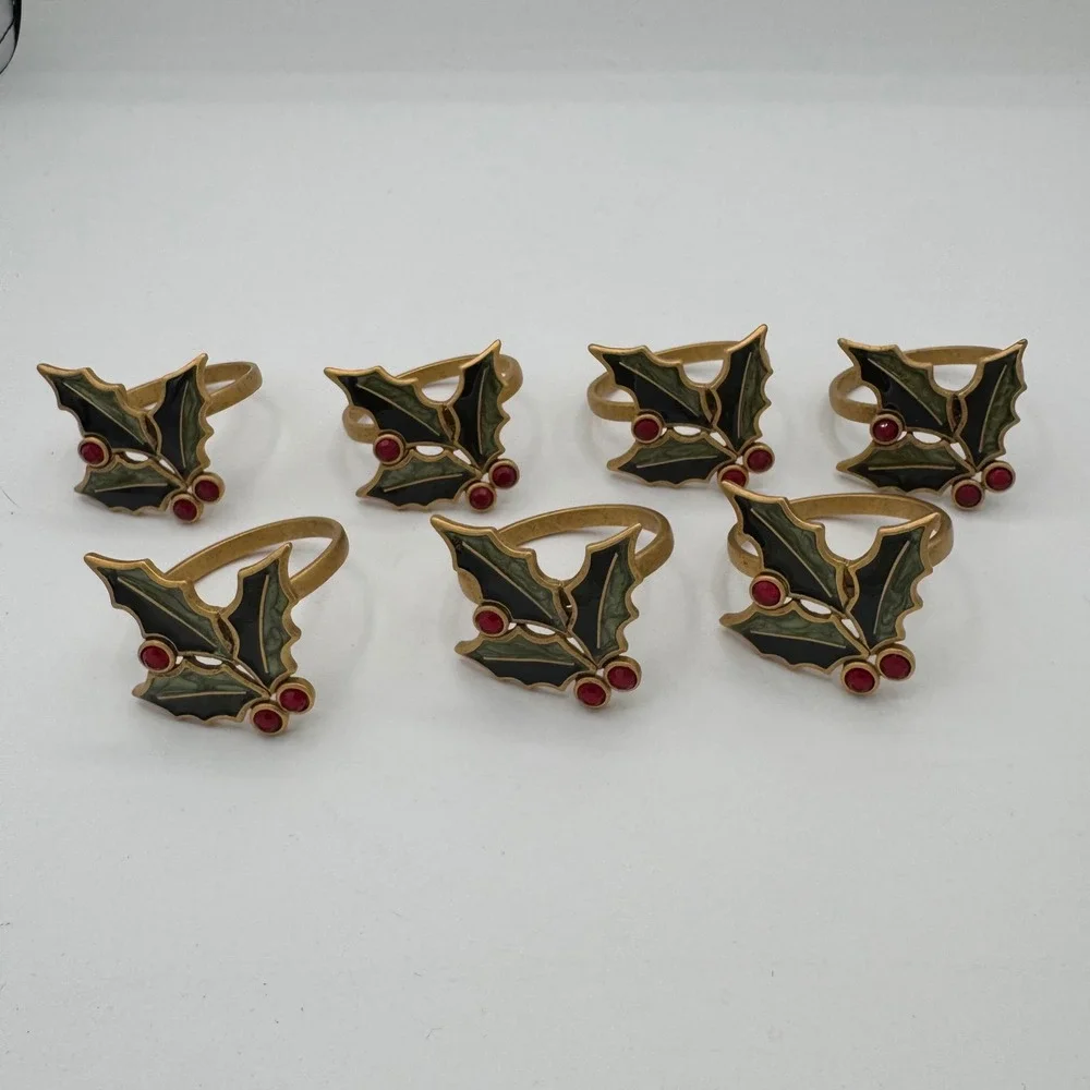 Vintage Christmas Holly Napkin Rings Set of 7 Gold Tone Enamel Red Rhinestone